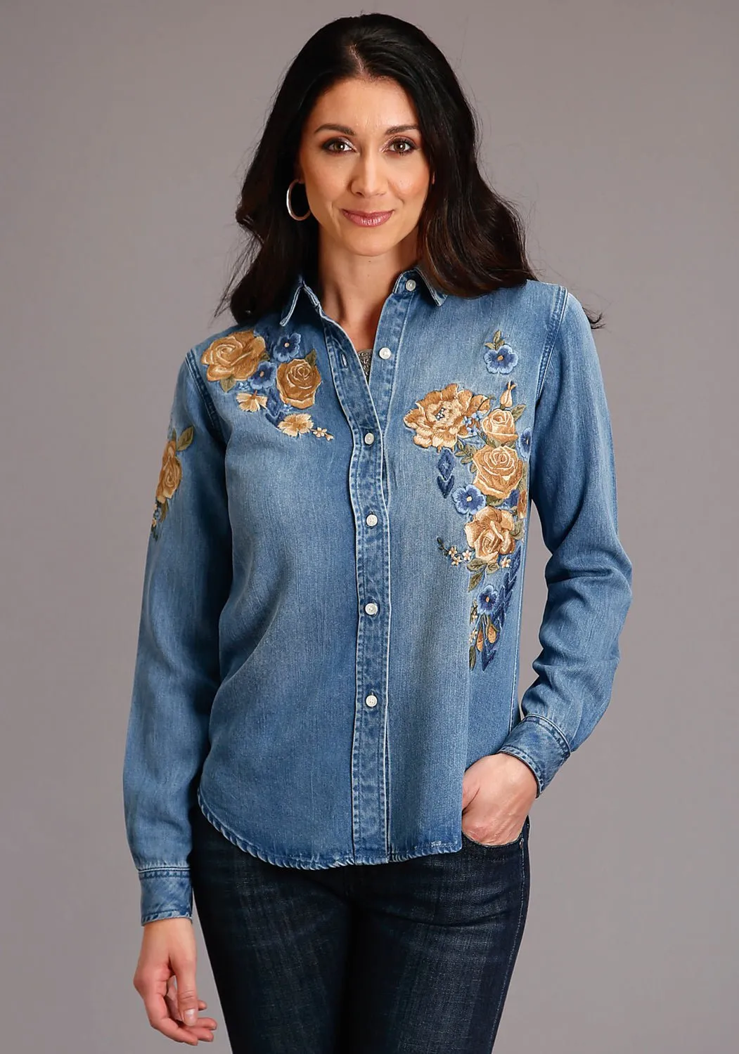 Style Blend Stetson Womens Blue Denim Floral Embroidery L/S Blouse