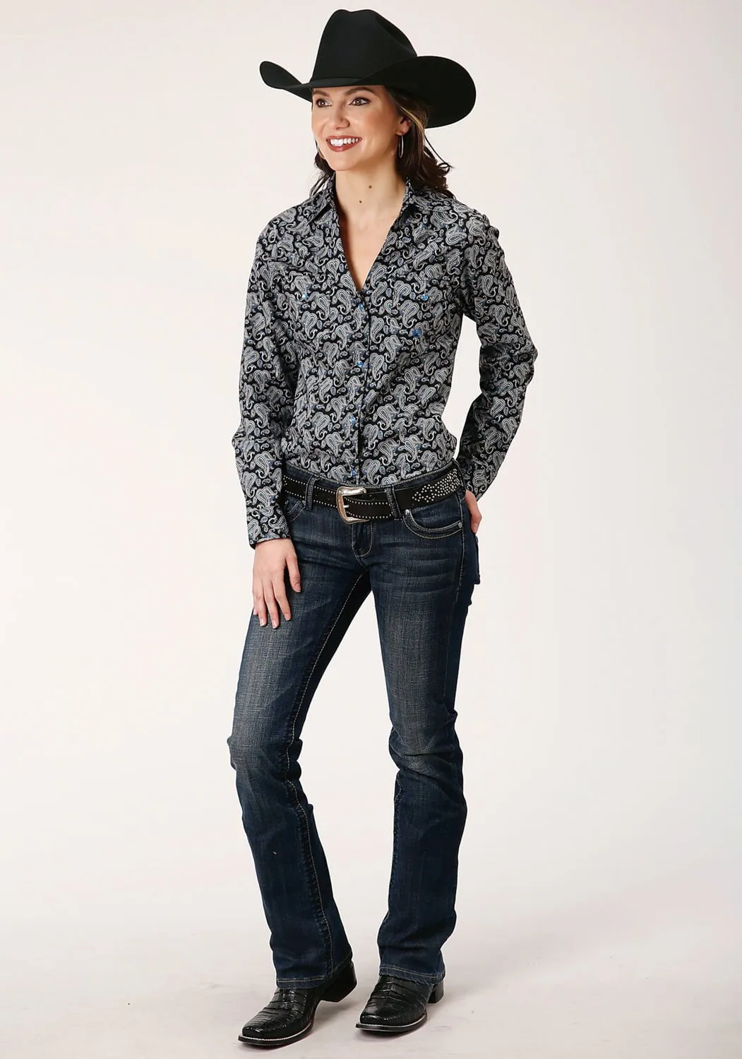 Roper Womens Black 100% Cotton Starry Night Paisley L/S Shirt Reliable Layer
