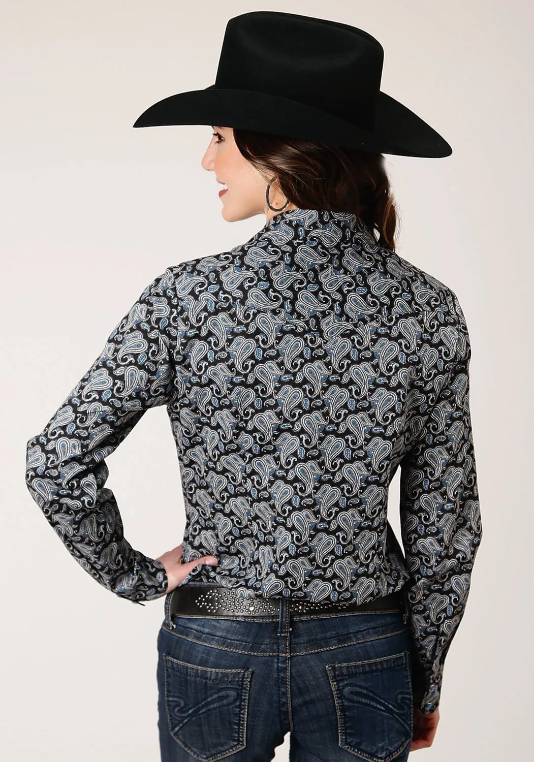 Roper Womens Black 100% Cotton Starry Night Paisley L/S Shirt Weighted Hemline Modern Textured
