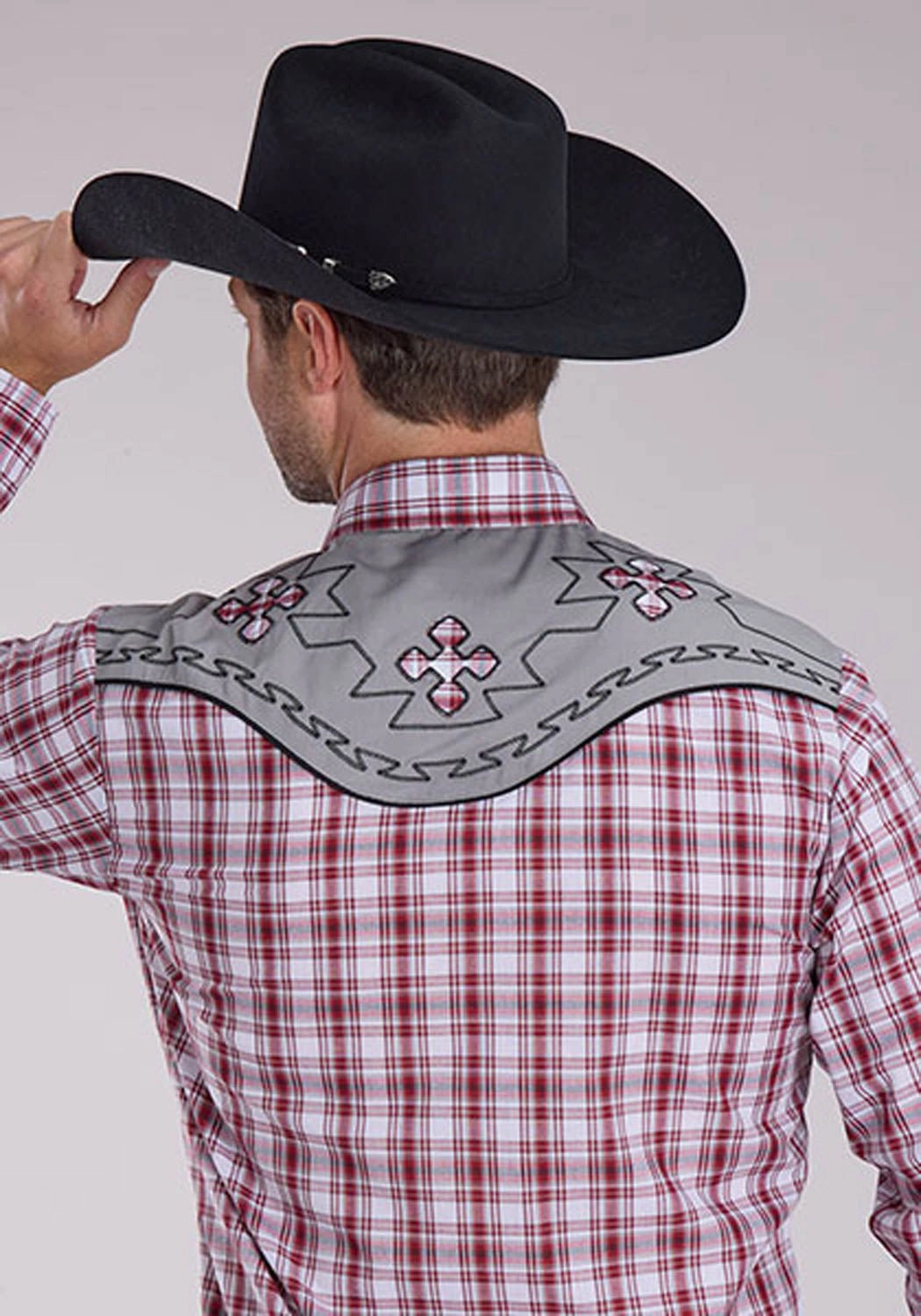 Reinforced Collar Sleek Fit Roper Mens 2485 Southwestern Cross Red/Grey Cotton Blend L/S Shirt