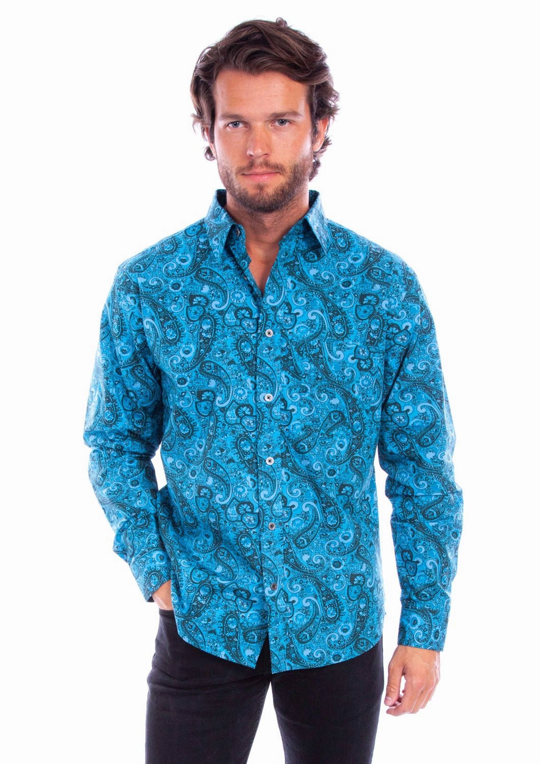 Scully Mens Worn Outs Paisley Aqua 100% Cotton L/S Shirt Comfortable Layer