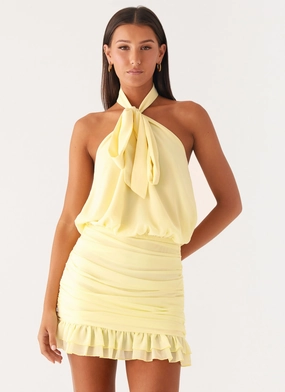 Casual Wear Saebi Tie Neck Mini Dress - Lemon effortless grace Saebi Tie Neck Mini Dress - Lemon