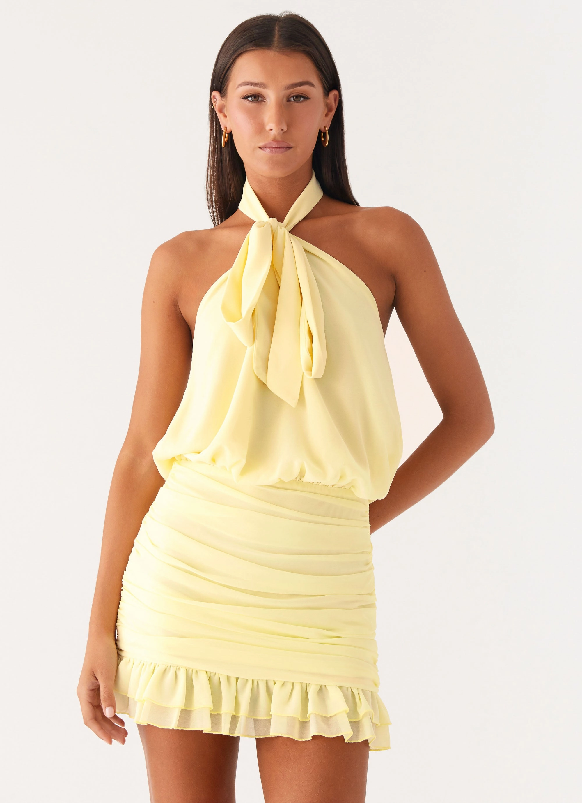 effortless grace Saebi Tie Neck Mini Dress - Lemon