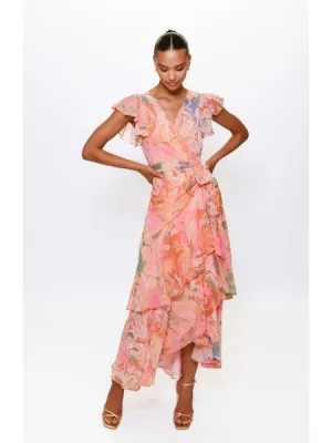 Cezza Flutter Sleeve Maxi Wrap Dress in Orange Tone Marble Swirl Soft and Relaxed Natural Silhouette Cezza Flutter Sleeve Maxi Wrap Dress in Orange Tone Marble Swirl