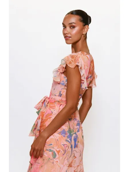 Calm Fit Cezza Flutter Sleeve Maxi Wrap Dress in Orange Tone Marble Swirl
