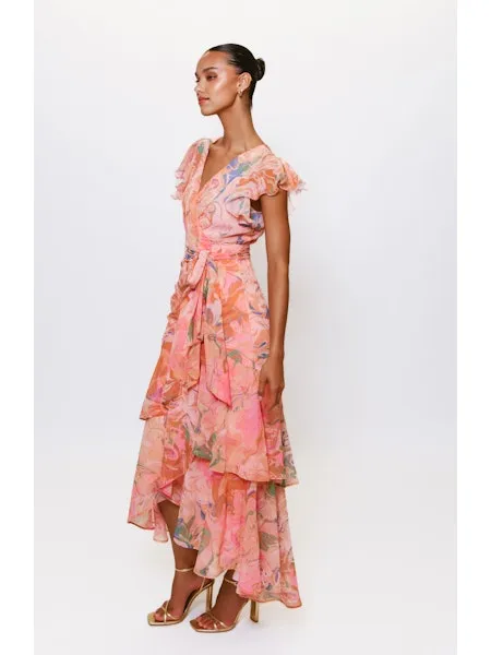 Neutral Feel Cezza Flutter Sleeve Maxi Wrap Dress in Orange Tone Marble Swirl
