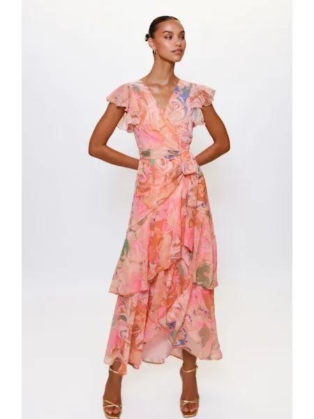 Cezza Flutter Sleeve Maxi Wrap Dress in Orange Tone Marble Swirl Geometric-pattern Mom Chic