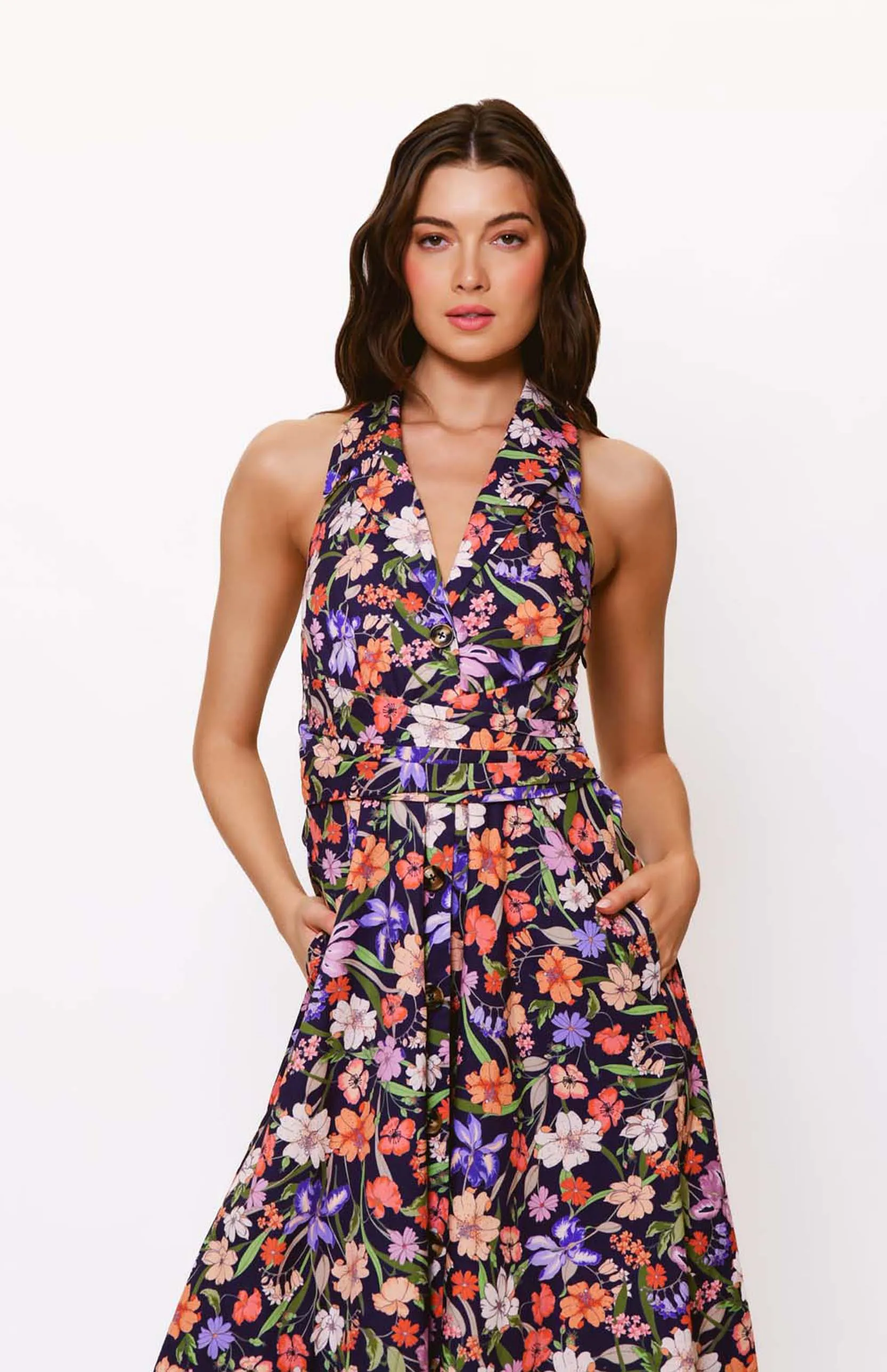 Alessia Dress in Navy Multi Tropical Garden Flattering Waistband Soft Appearance