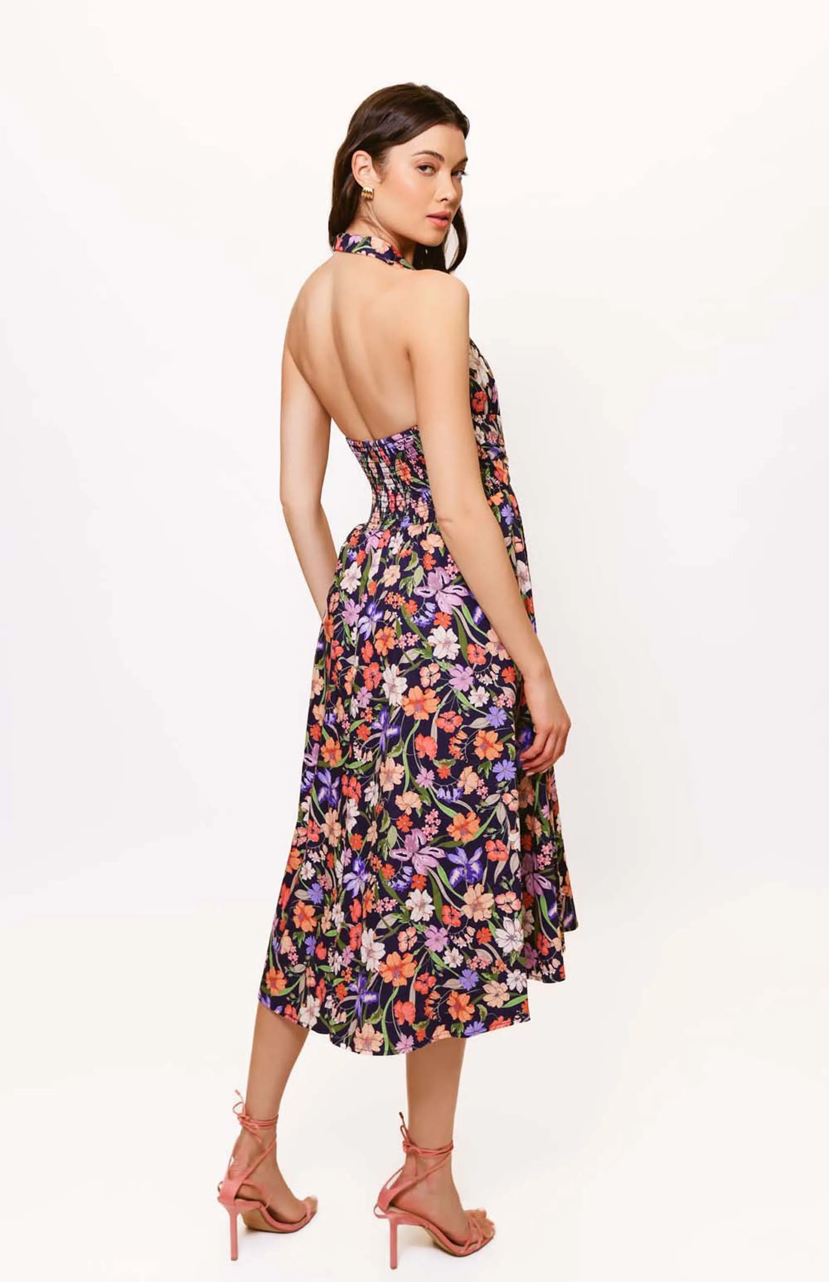 Metallic Finish Alessia Dress in Navy Multi Tropical Garden