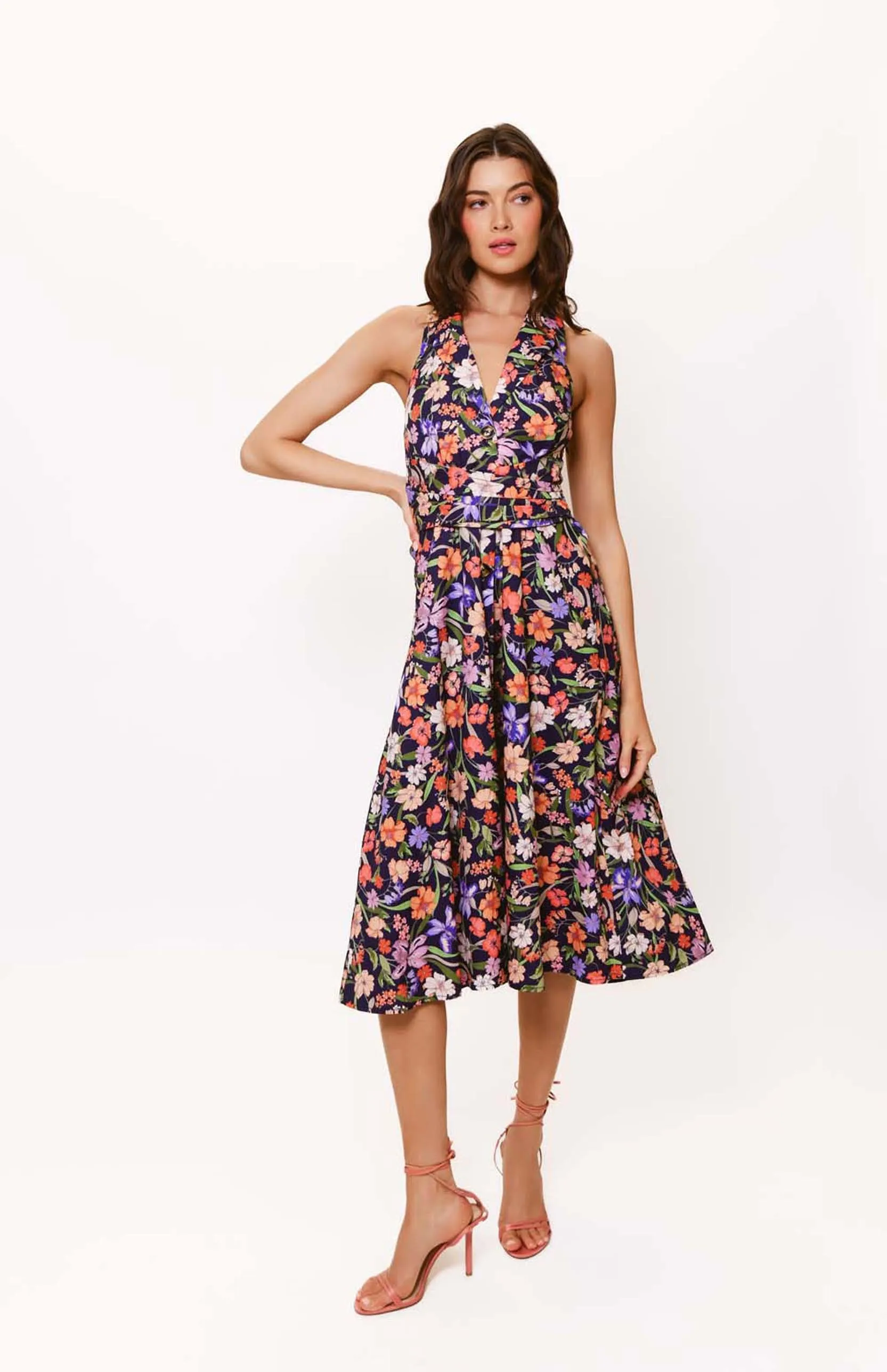 Alessia Dress in Navy Multi Tropical Garden Shiny Zip