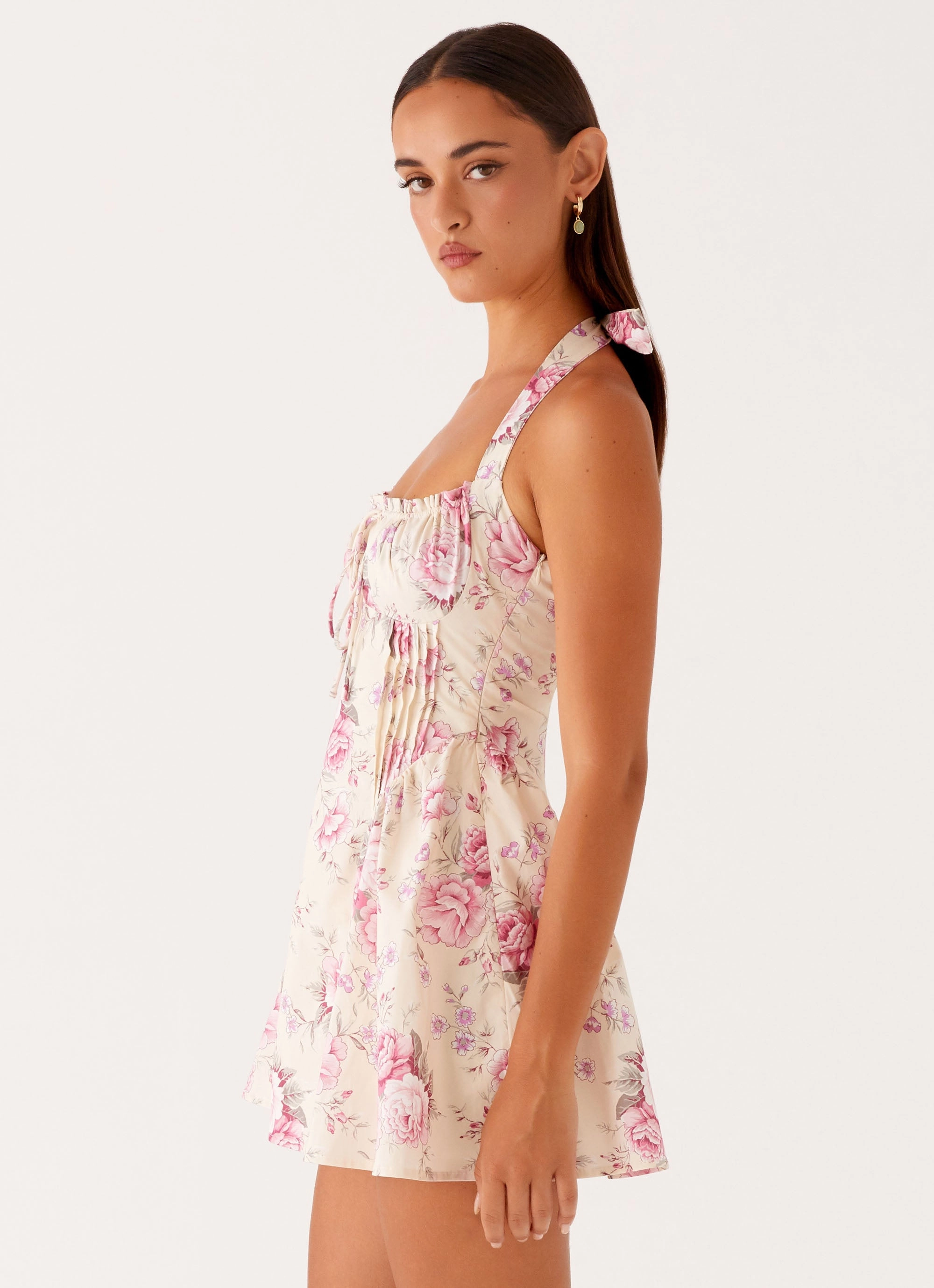 ContrastStitching Modern Form Rosalie Halter Mini Dress - Vintage Pink Floral