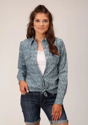 Checkered Look Roper Womens Peacock Paisley Blue 100% Cotton L/S Shirt Roper Womens Peacock Paisley Blue 100% Cotton L/S Shirt Classy Detail