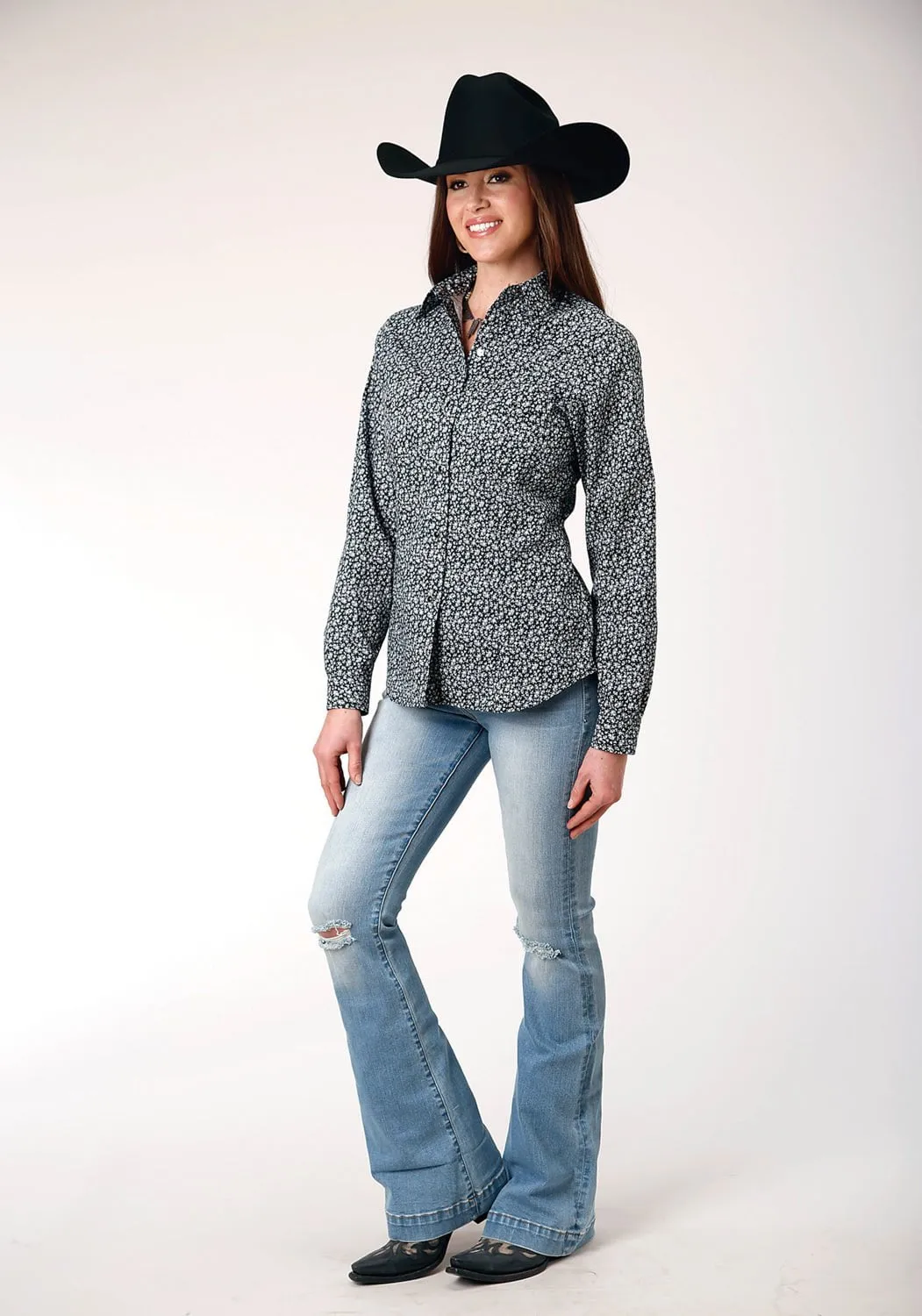 Roper Womens White Floral Black Cotton Blend L/S Shirt Country Charm Eye-Catching Pattern