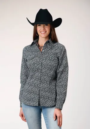 Checkered Style Roper Womens White Floral Black Cotton Blend L/S Shirt Roper Womens White Floral Black Cotton Blend L/S Shirt Loose Comfort Non Iron