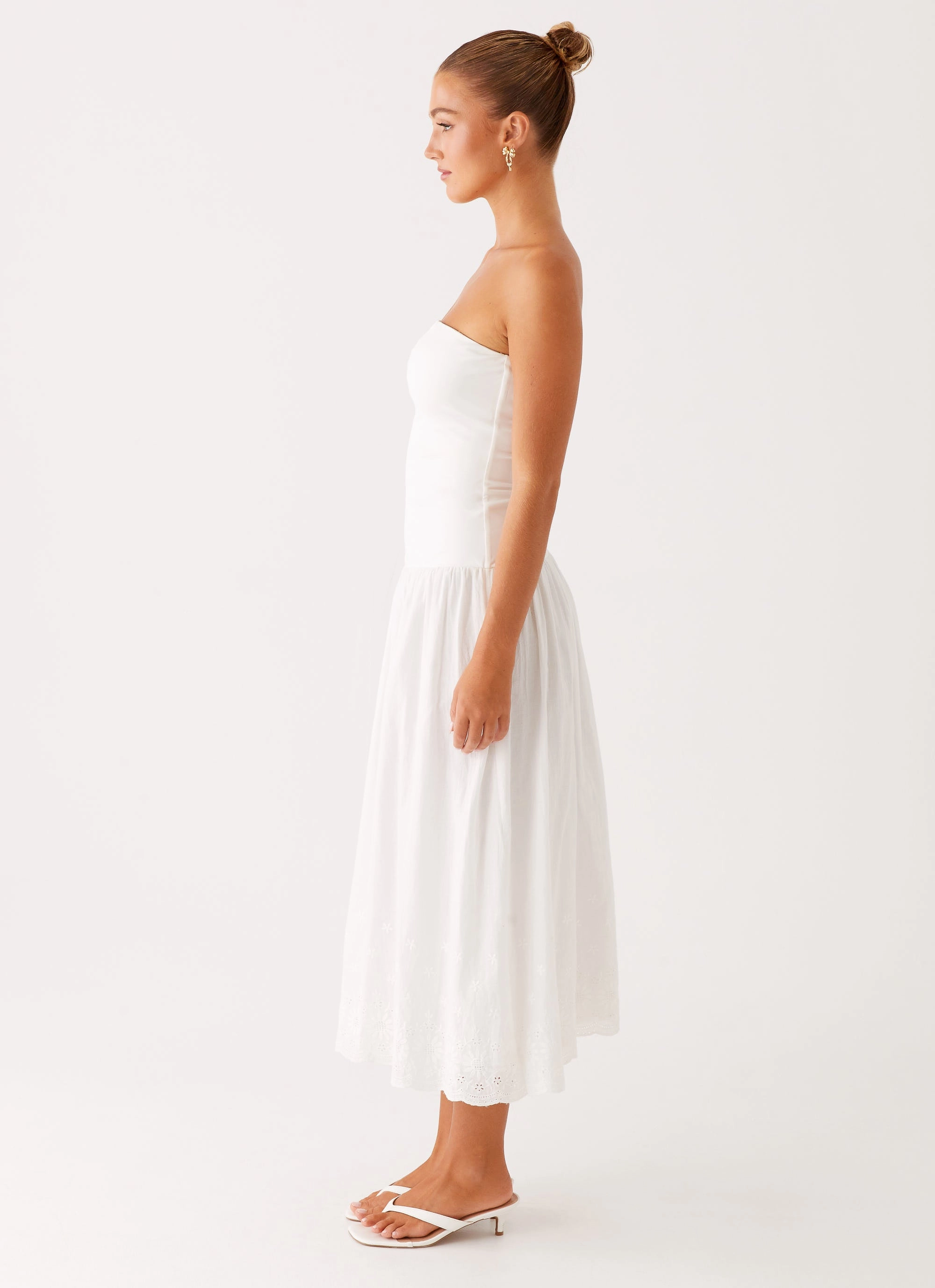 Peplum-Style Cherry Skies Midi Dress - White