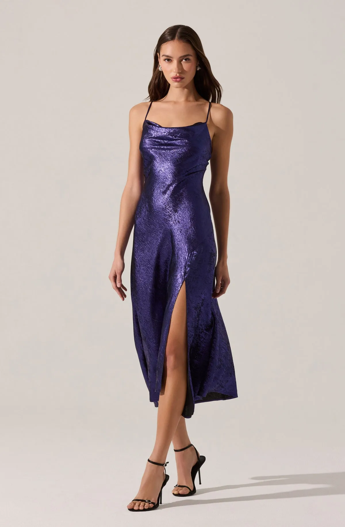 Gaia Metallic Midi Dress in Purple Smart Tones Chic and Elegant