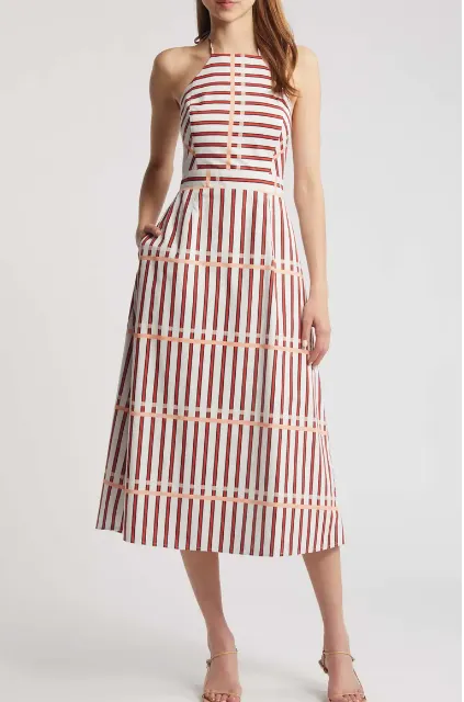 St. Tropez Midi Dress in Coral Reef Stripe Sage Detail Live Soft
