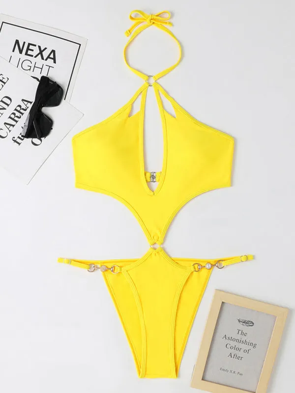 Chic Confidence: Halter Neck One Piece - Wireless Bra, Cutout Bust
