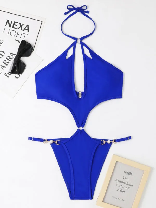 Chic Confidence: Halter Neck One Piece - Wireless Bra, Cutout Bust