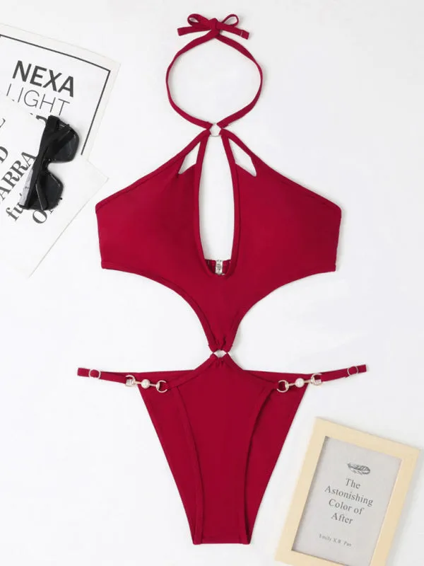 Chic Confidence: Halter Neck One Piece - Wireless Bra, Cutout Bust