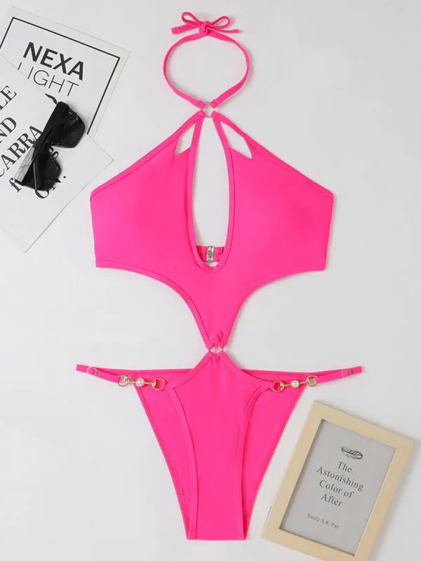 Chic Confidence: Halter Neck One Piece - Wireless Bra, Cutout Bust
