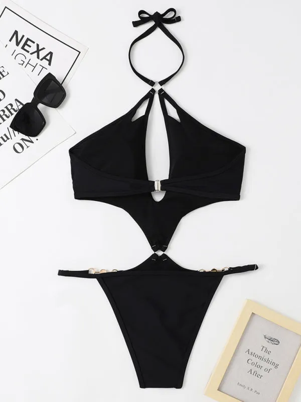 Chic Confidence: Halter Neck One Piece - Wireless Bra, Cutout Bust