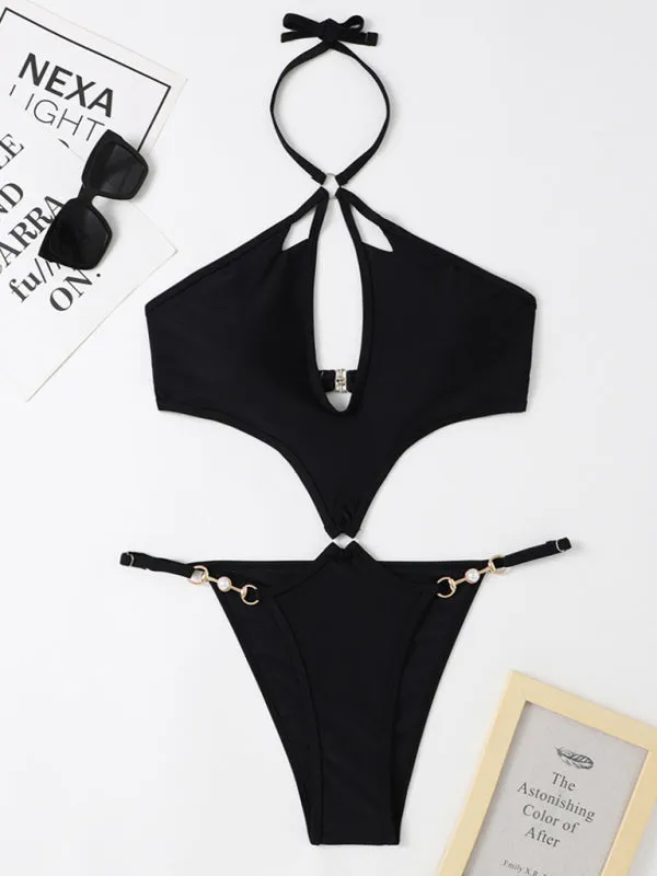 Chic Confidence: Halter Neck One Piece - Wireless Bra, Cutout Bust
