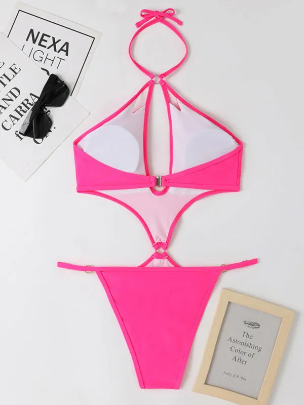 Chic Confidence: Halter Neck One Piece - Wireless Bra, Cutout Bust