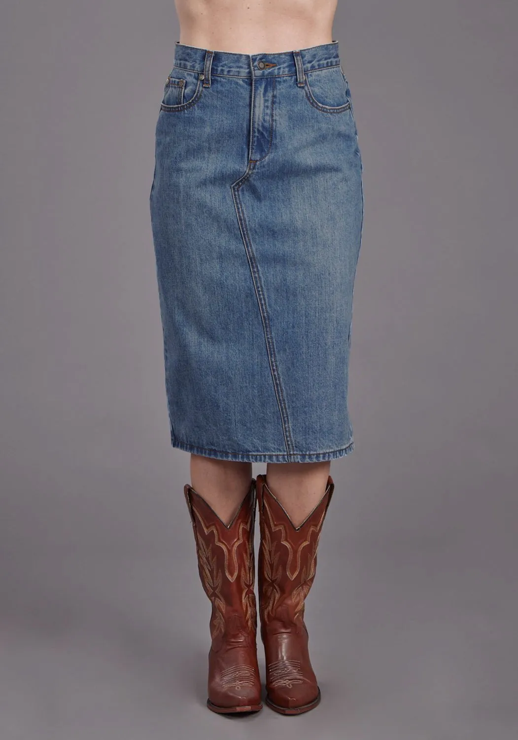 Ready Choice Style Essential Stetson Womens Asymmetrical Seam Medium Wash 100% Cotton Skirt