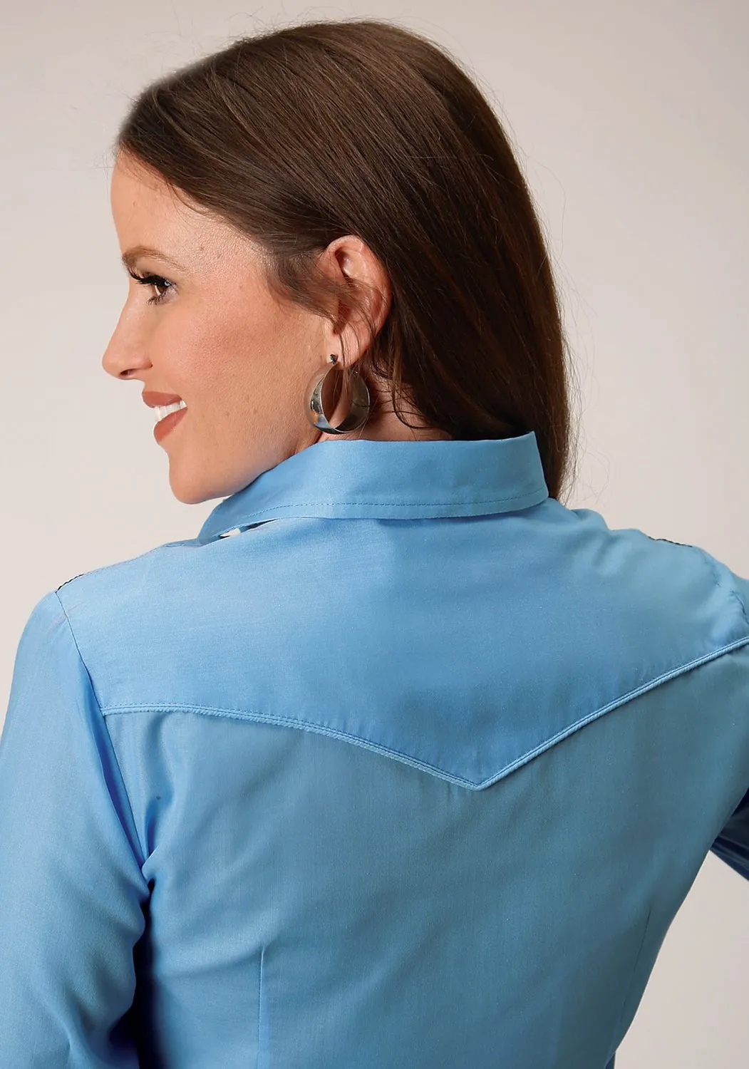 Ribbed Trim Roper Womens 1551 Broadcloth Heritage Blue Poly/Cotton L/S Shirt