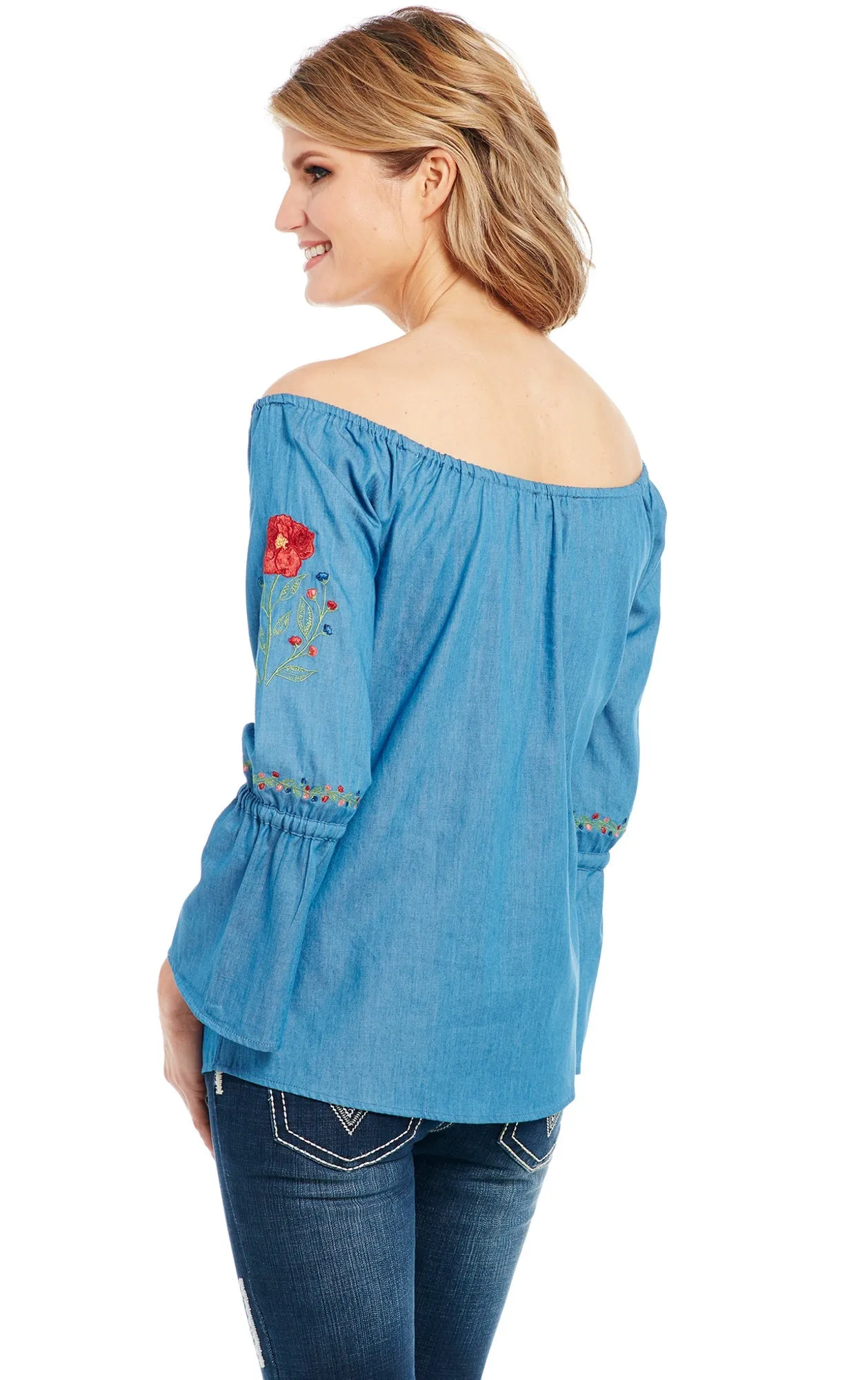 Versatile Weekend Style Cowgirl Up Womens Blue Cotton Blend Off-the-Shoulder Floral Tunic L/S
