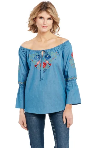 Chic Fit Cowgirl Up Womens Blue Cotton Blend Off-the-Shoulder Floral Tunic L/S Relaxed Cut Subtle Detail Cowgirl Up Womens Blue Cotton Blend Off-the-Shoulder Floral Tunic L/S