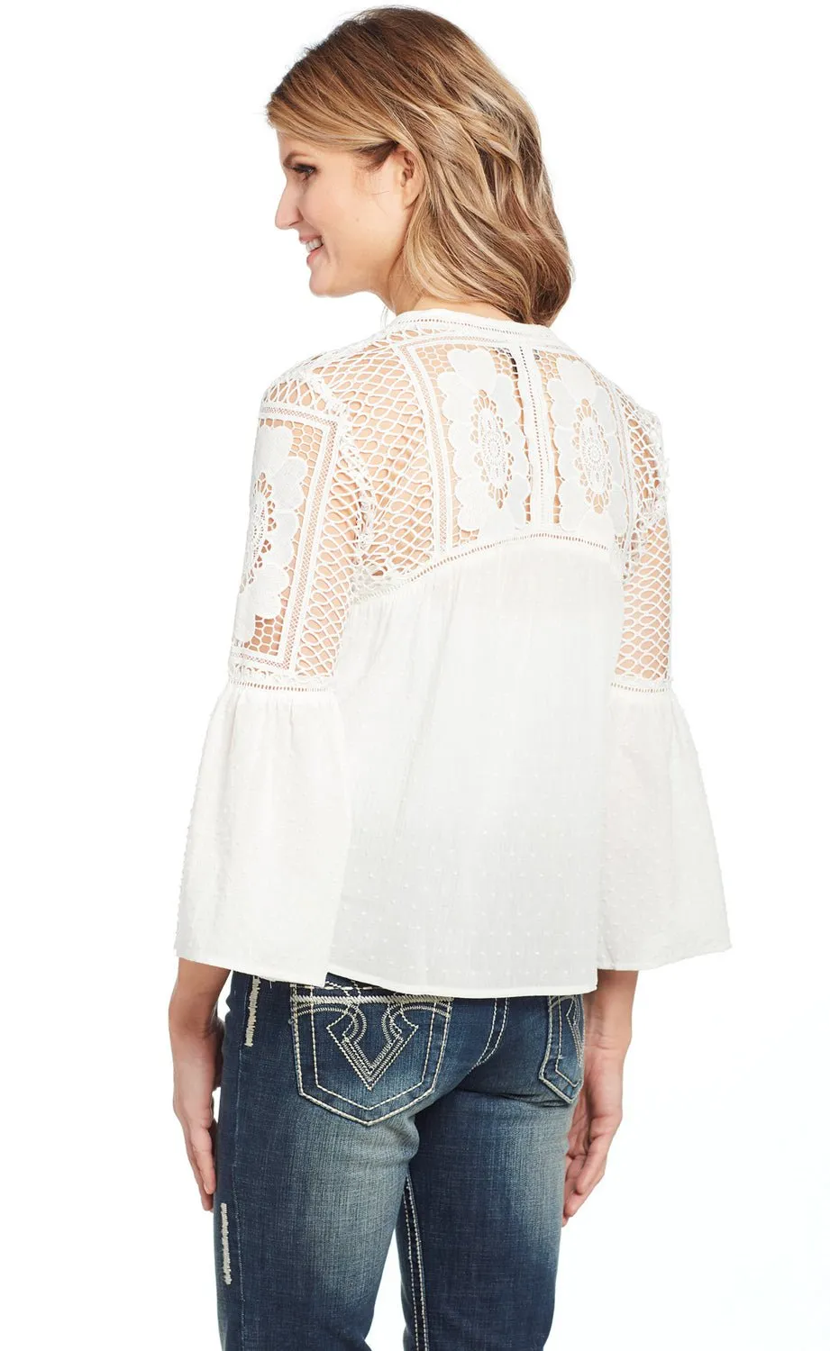Ready to Wear Cowgirl Up Womens White 100% Cotton Crochet Tie-Up Tunic L/S