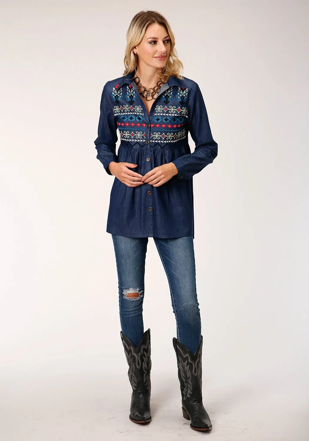 Edgy Design Roper Womens Indigo Denim 100% Cotton Geometric L/S Tunic