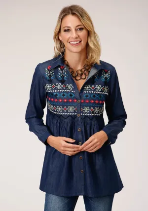 Chic Look Roper Womens Indigo Denim 100% Cotton Geometric L/S Tunic Weighted Hemline Roper Womens Indigo Denim 100% Cotton Geometric L/S Tunic
