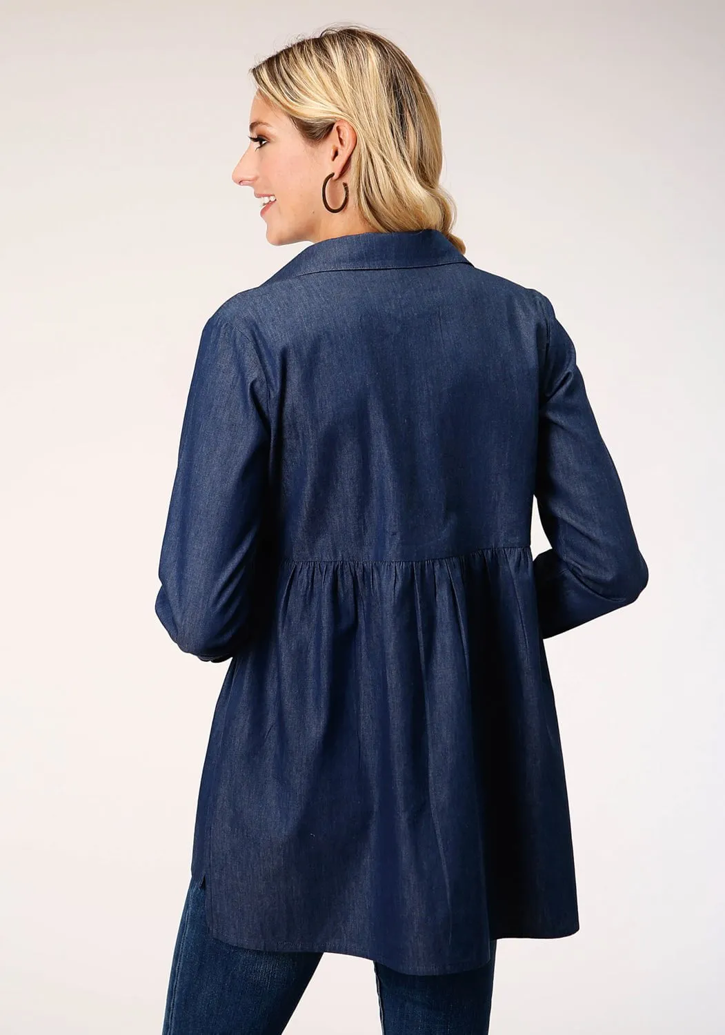 Roper Womens Indigo Denim 100% Cotton Geometric L/S Tunic Cropped length Classic Fit Design