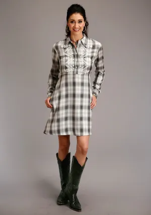 Minimalist Daily Wear Loose All Season Fit Stetson Womens Smokey Grey Rayon/Nylon Ombre Plaid L/S Dress