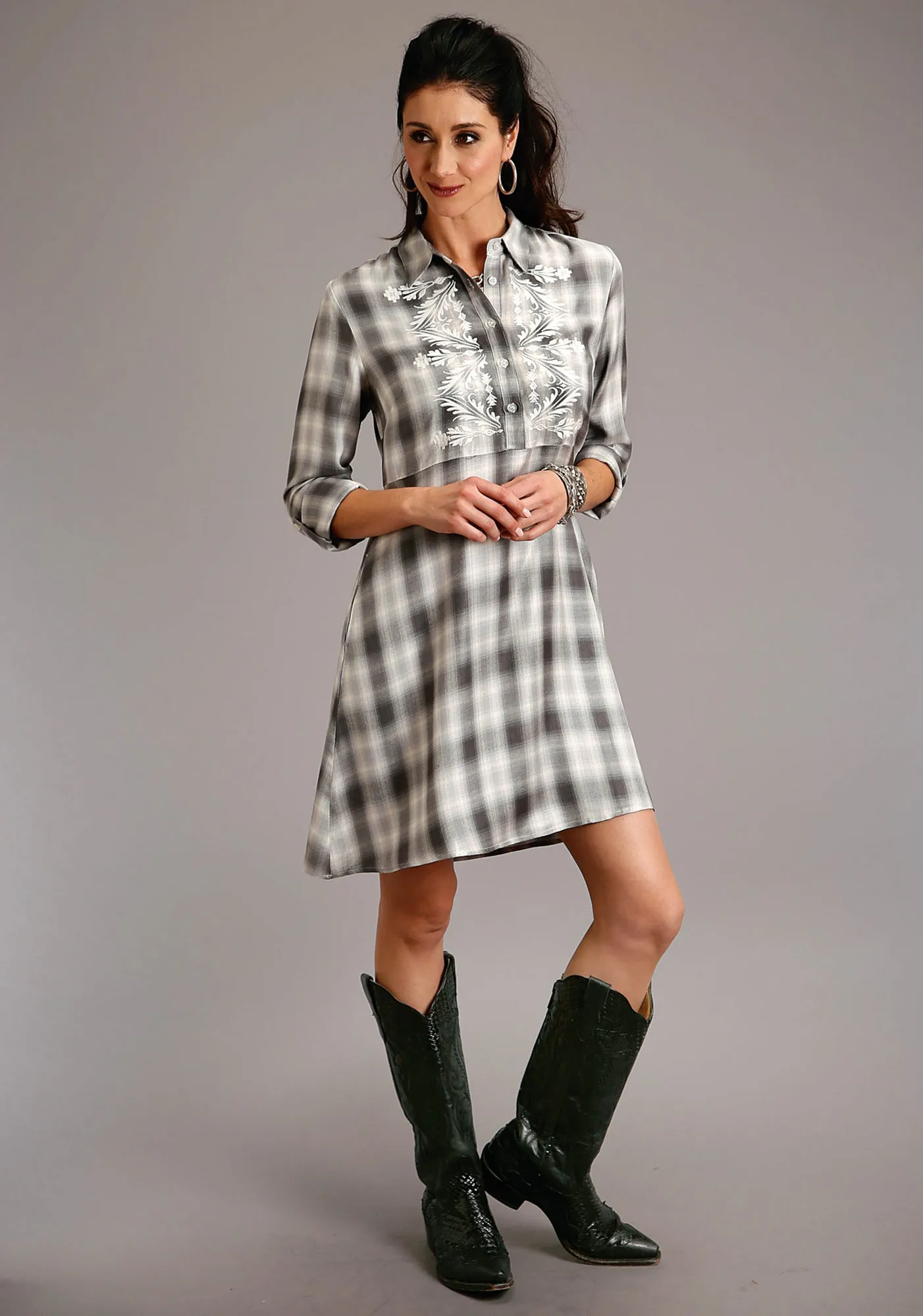 Airy Touch Durable Rivet Hardware Stetson Womens Smokey Grey Rayon/Nylon Ombre Plaid L/S Dress