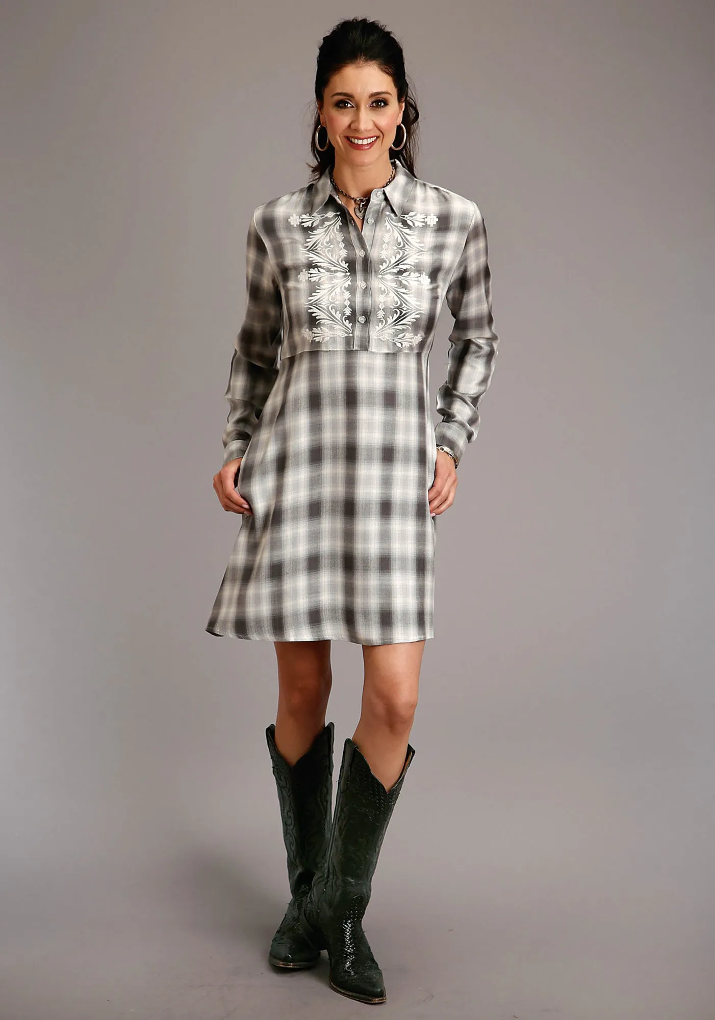 Minimalist Daily Wear Loose All Season Fit Stetson Womens Smokey Grey Rayon/Nylon Ombre Plaid L/S Dress