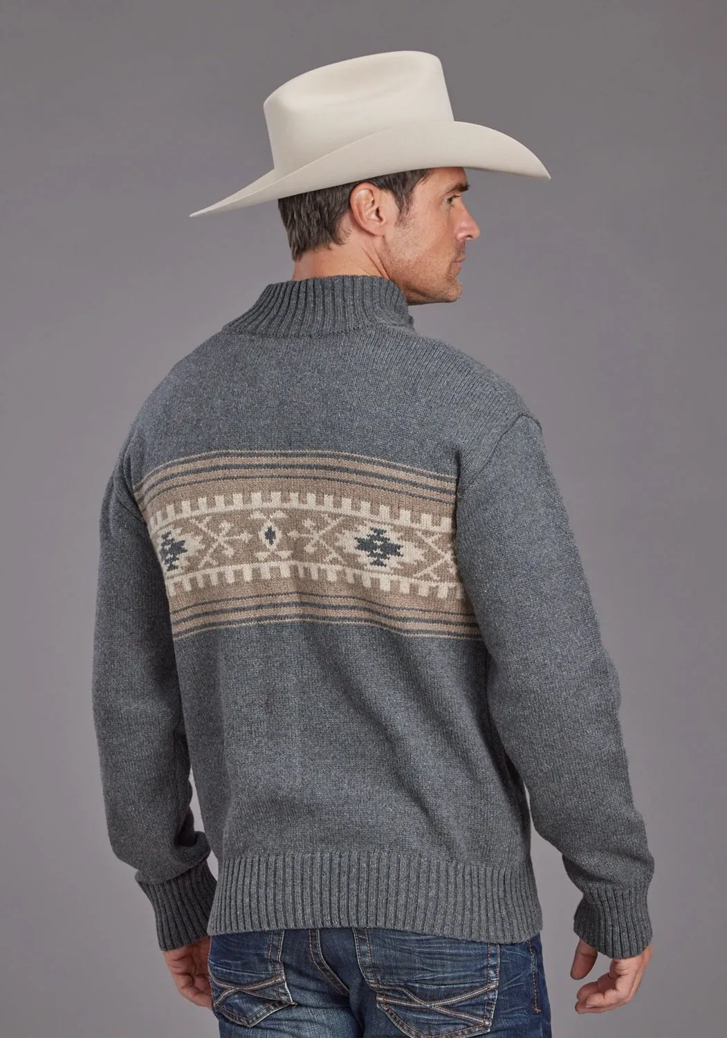 Classic Style Stetson Mens Serape Border Grey Cotton Blend Cardigan Sweater