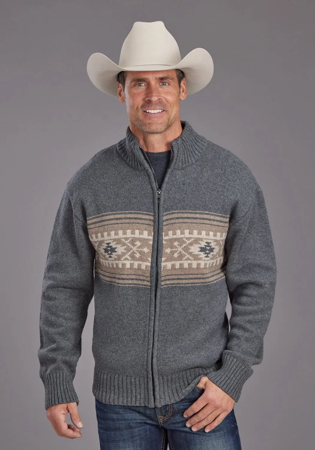 Versatile Fit Stetson Mens Serape Border Grey Cotton Blend Cardigan Sweater
