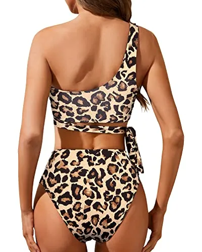 Chic Two Piece One Shoulder Tie Waisted Bikini Set High Cut Bottoms-Leopard