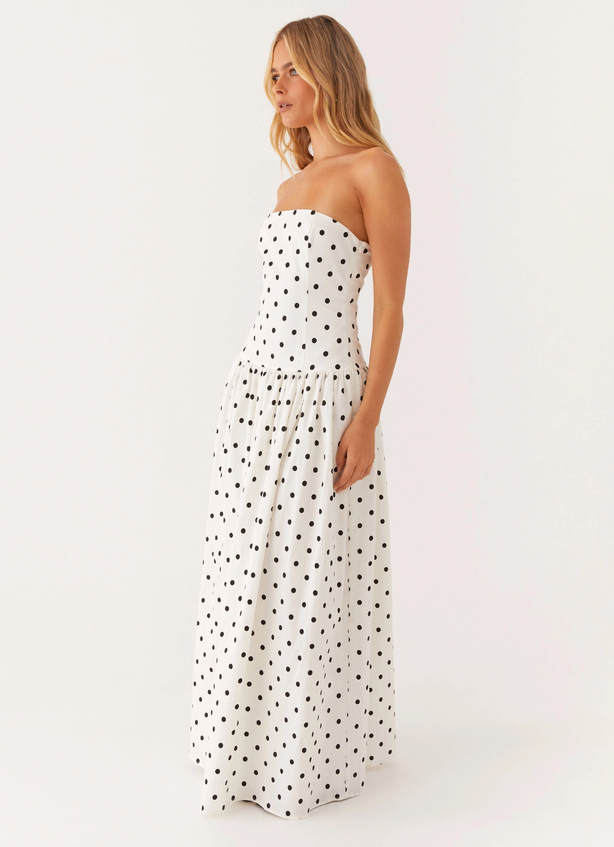Andorra Maxi Dress - White Polkadot Clasp-Closure