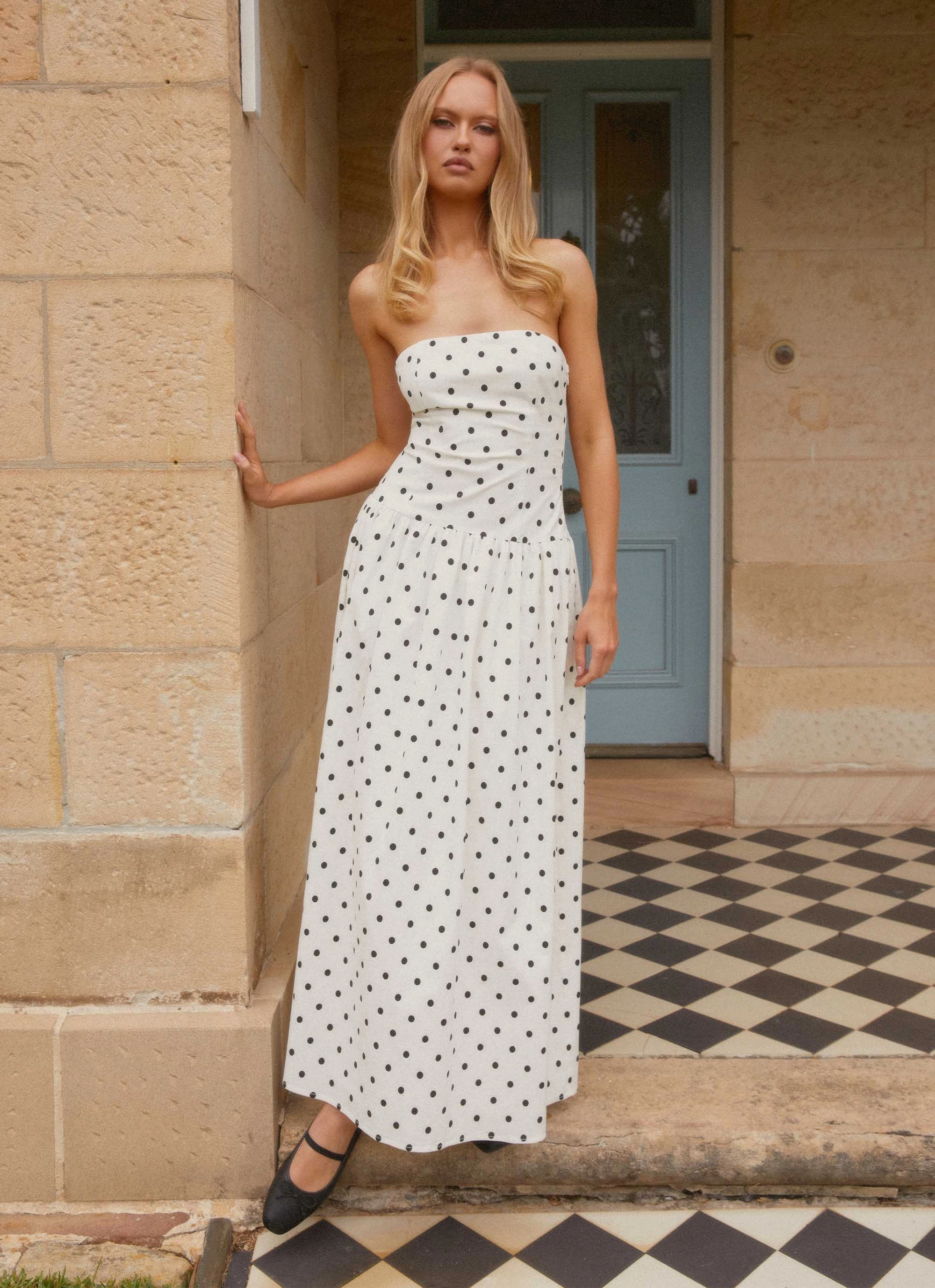 Andorra Maxi Dress - White Polkadot Silky Movement