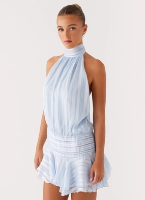 Chic apparel Willow Chiffon Mini Dress - Blue Elegant Cut Willow Chiffon Mini Dress - Blue