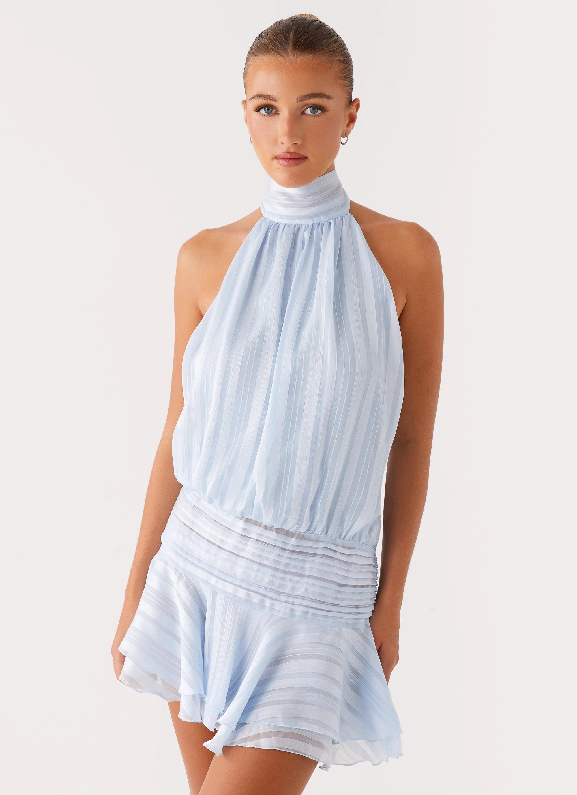 Coastal Soft Willow Chiffon Mini Dress - Blue