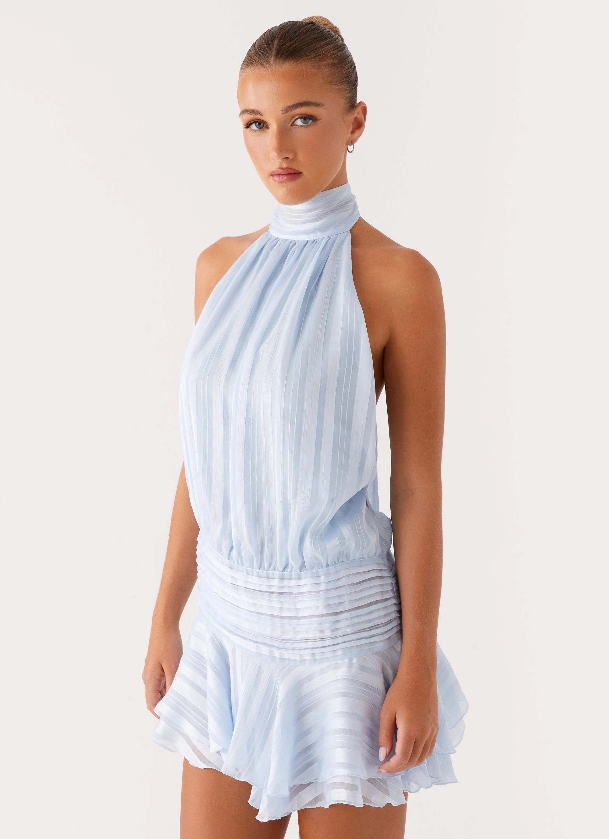 Elegant Cut Willow Chiffon Mini Dress - Blue