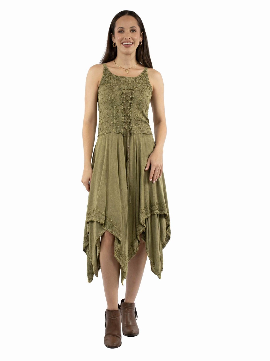 clean design Scully Womens Hankerchief Hem Lace Up Olive 100% Rayon S/L Dress