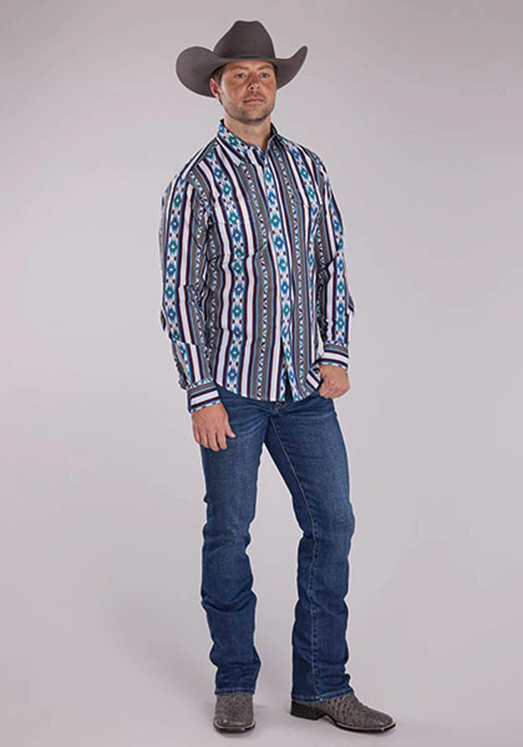 Warm Layers Roper Mens Vertical Retro Stripe Grey 100% Cotton L/S Shirt