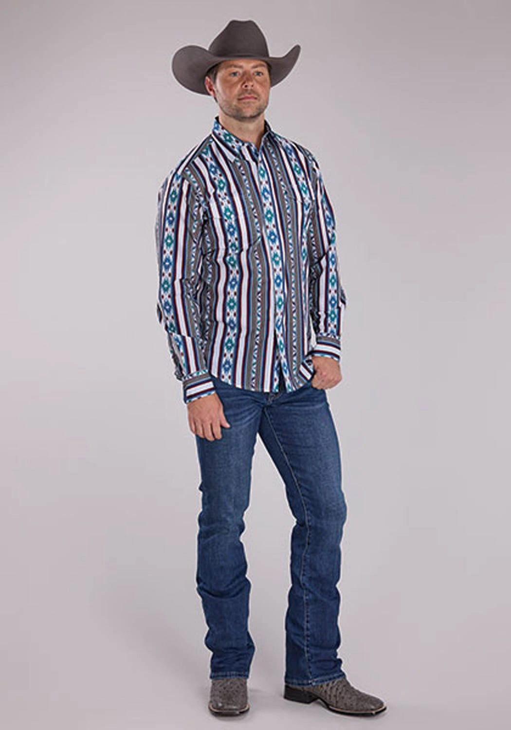 Roper Mens Vertical Retro Stripe Grey 100% Cotton L/S Shirt Versatile Clothing Ribbed Trim